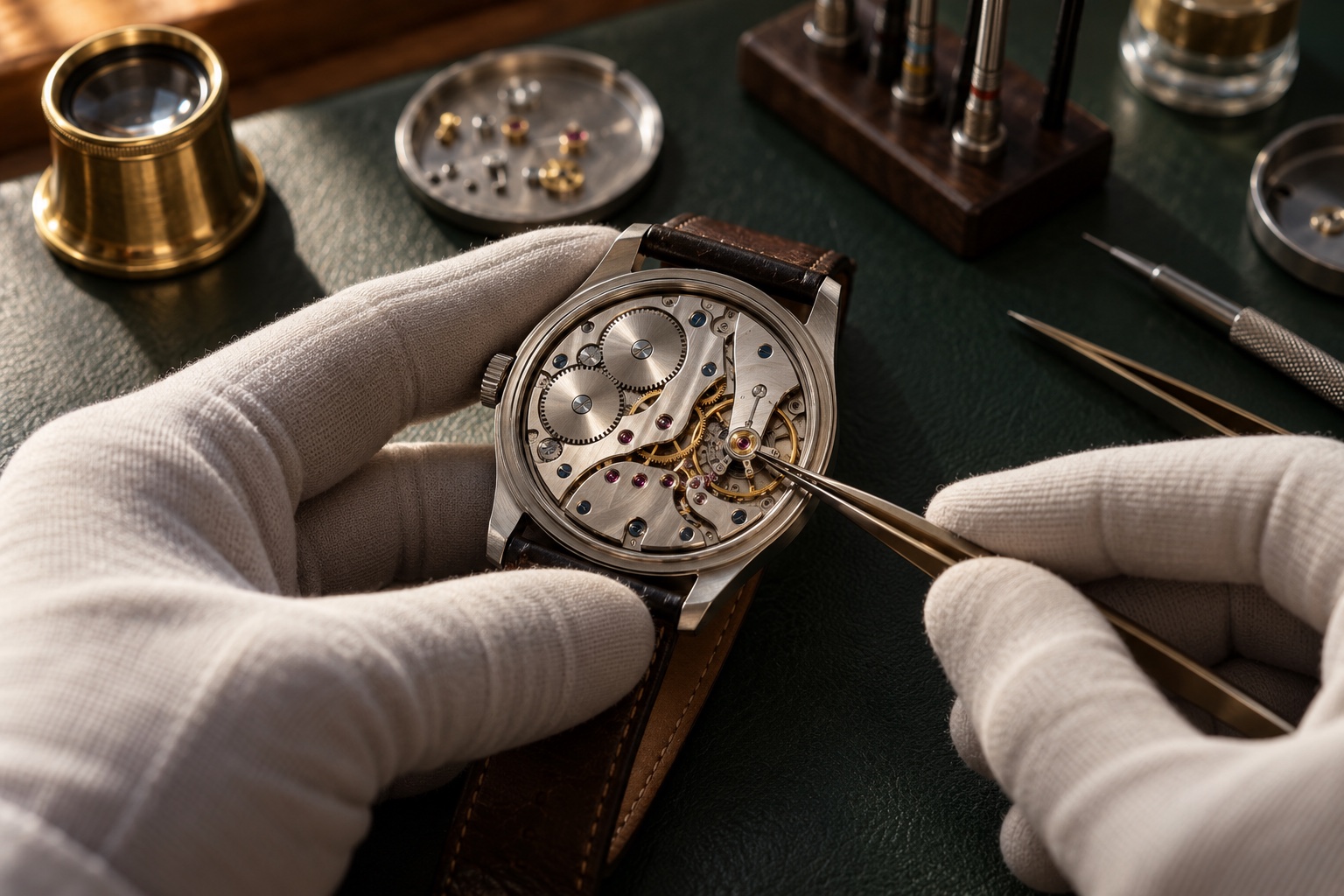 A watchmaker examining the fine details of a mechanical movement