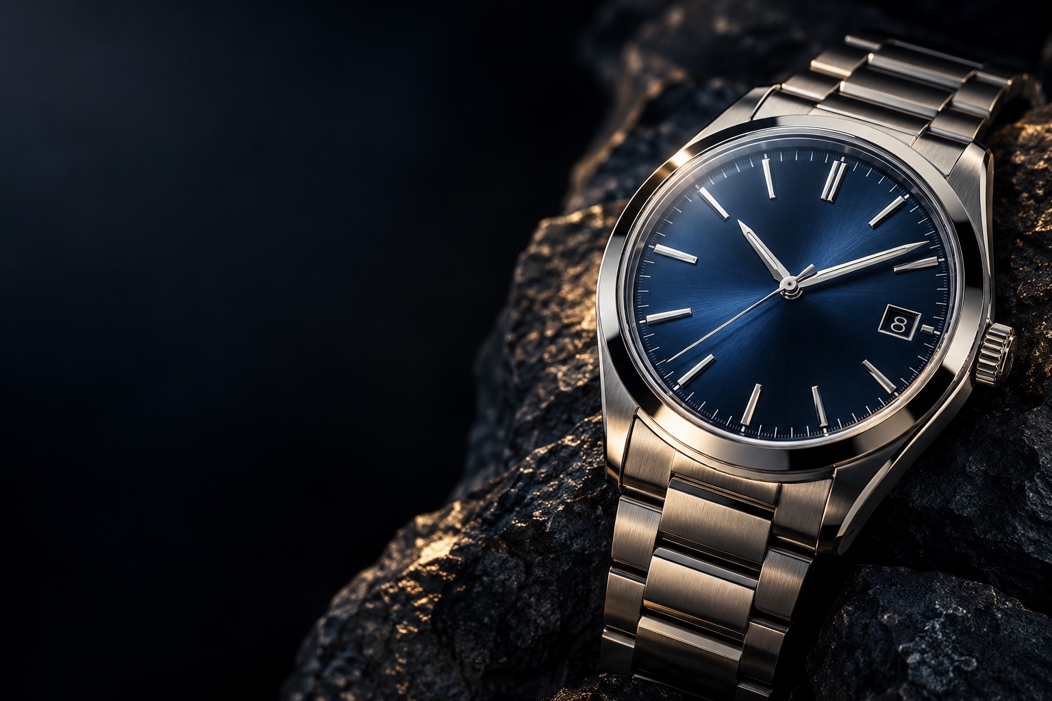 A midnight-blue mechanical watch on dark stone, lit to reveal its brushed steel and sapphire details