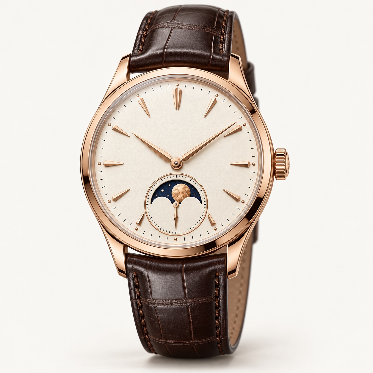 Luna Rose Moonphase, Ivory moonphase dial, Chocolate leather
