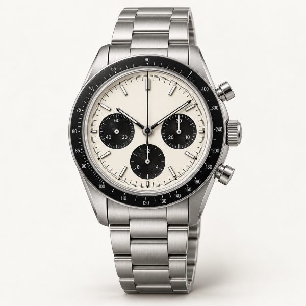 Panda Heritage Chronograph, Ivory / black registers dial, Steel bracelet